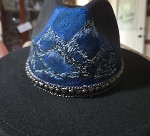 Black Hat with Blue Embroidery and Silver Trim